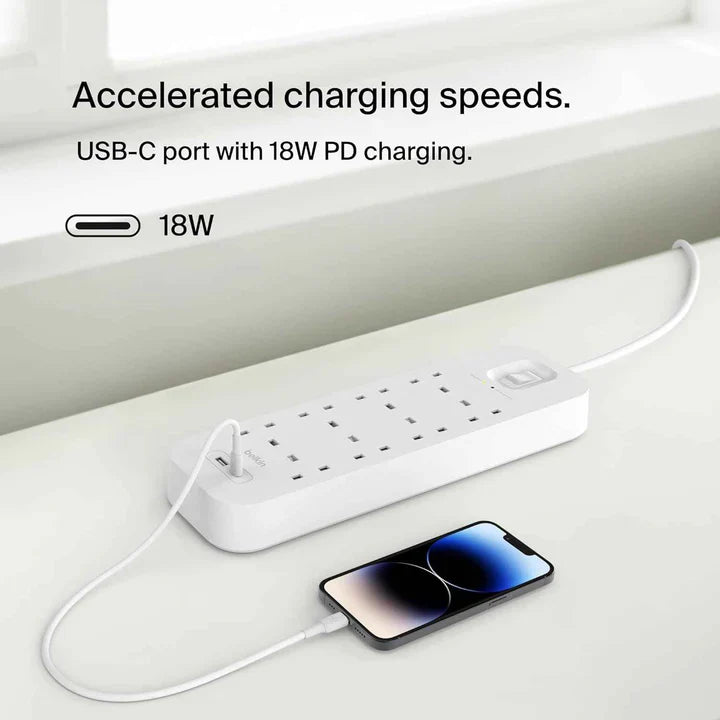 Belkin Surge Protector 8 Outlet/18W USB-A/USB-C/2Mtr-SRB003AR2M