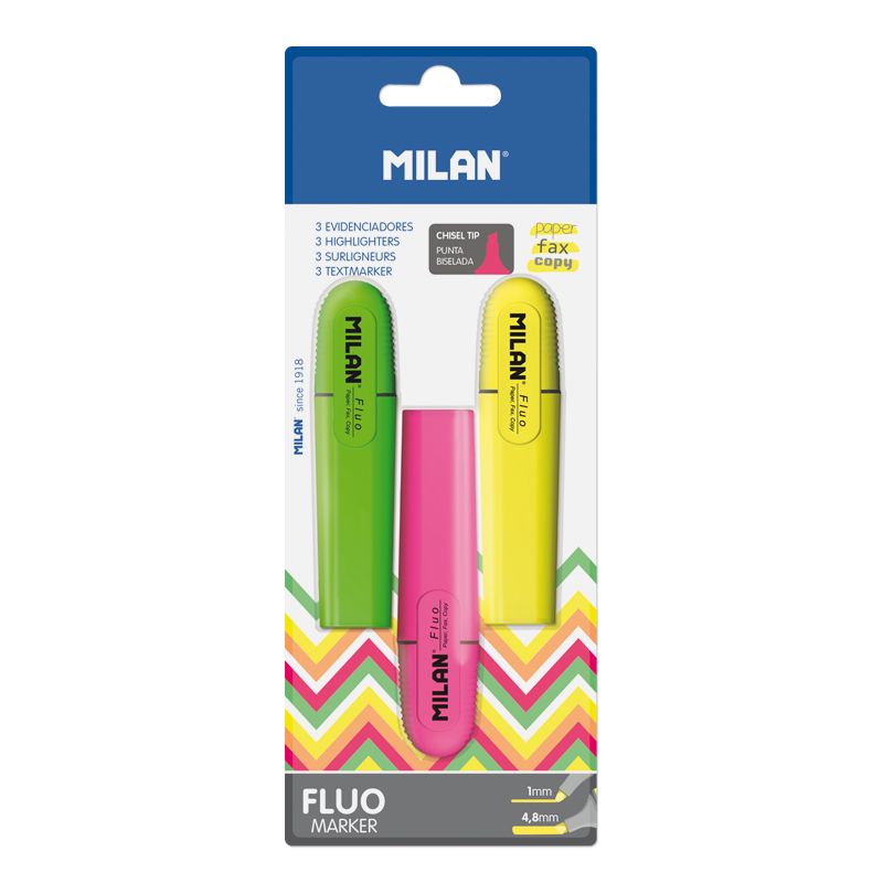 Milan Blister Fluo Highlighters (Yellow, Green, and Pink) 3/Pack BWM10033
