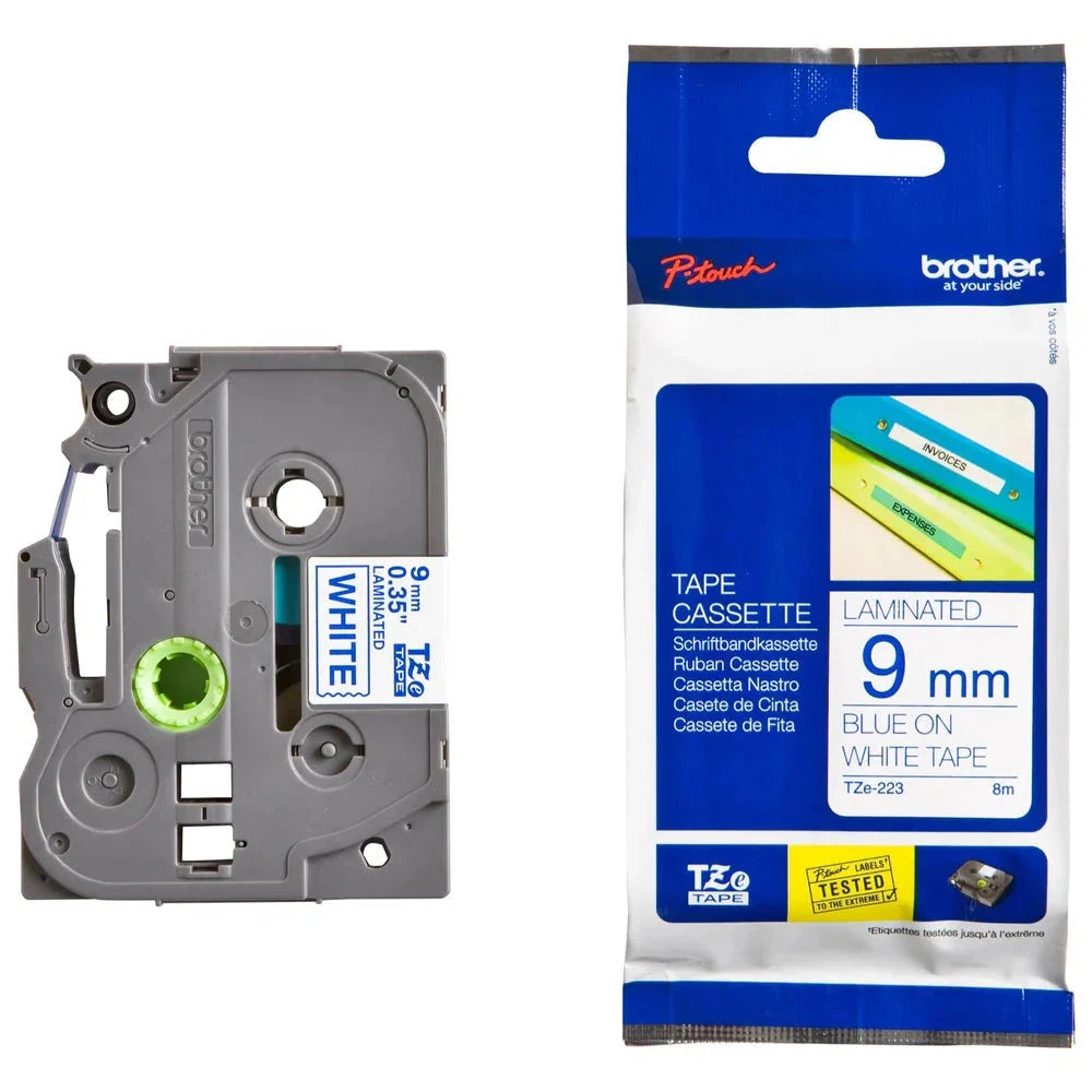 Brother Genuine TZe-223 Labelling Tape Cassette – Blue on White, 9mm wide