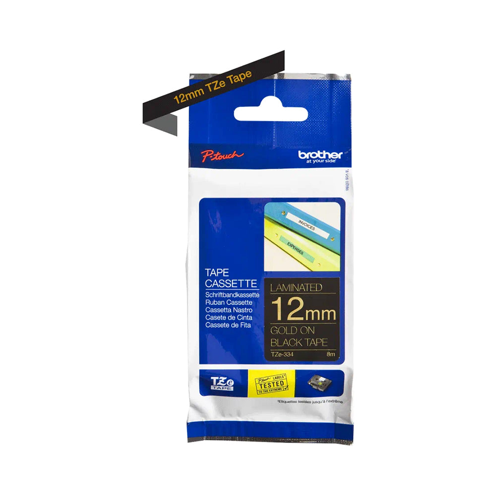 Brother Genuine TZe 334 Labelling Tape Cassette 12mm  – Gold On Black