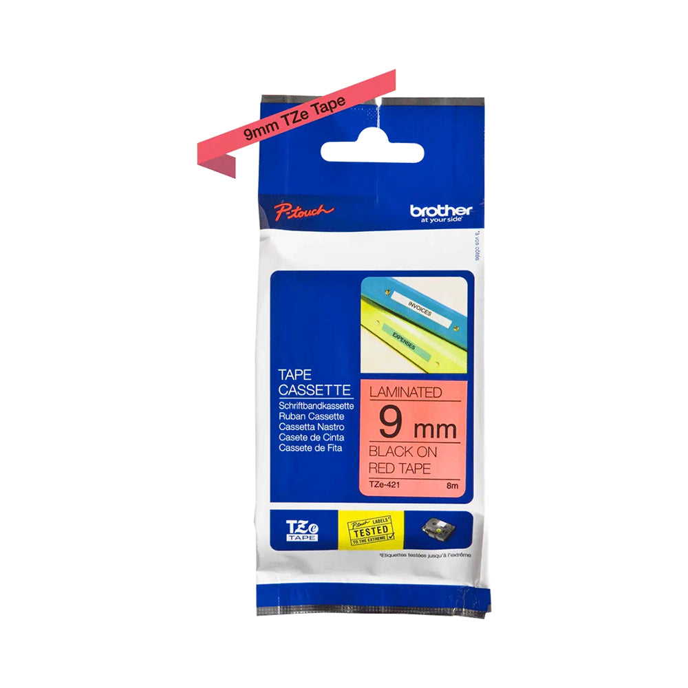 Brother Genuine TZe 421 Labelling Tape Cassette – Black on Red, 9mm wide
