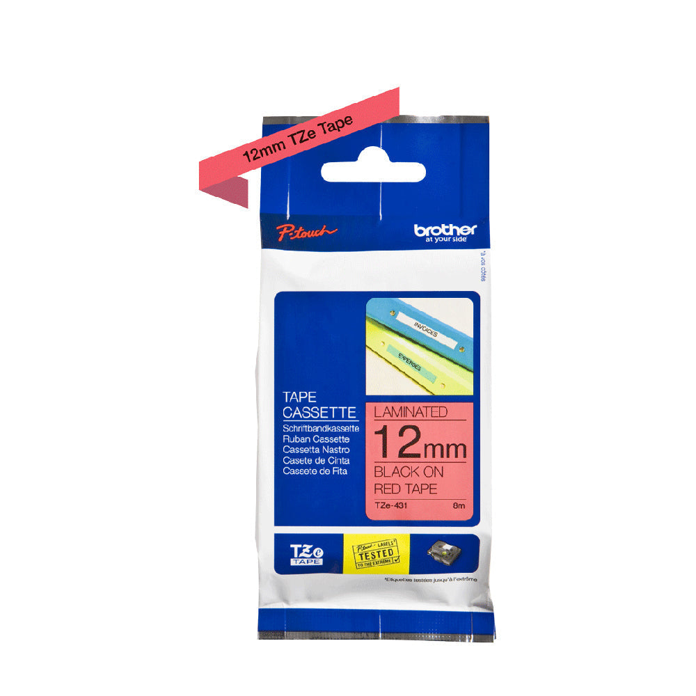 Brother Genuine TZe-431 Labelling Tape Cassette - Black on Red, 12mm wide