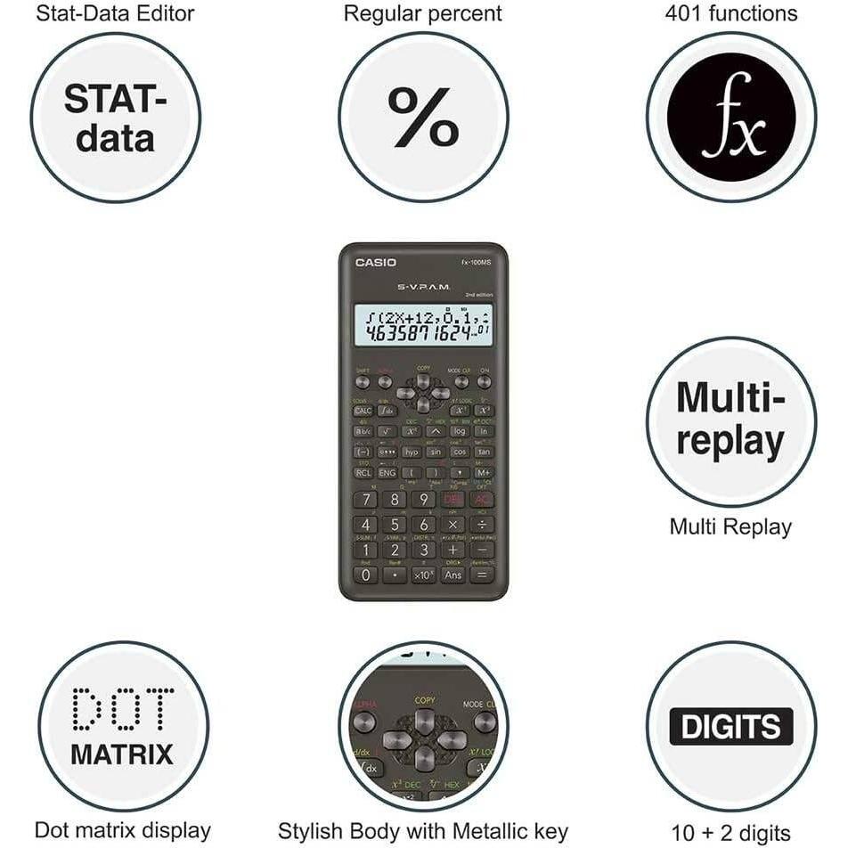 Casio FX-100MS 2nd Gen Non-Programmable Scientific Calculator, 300 Functions and 2-line Display, Black