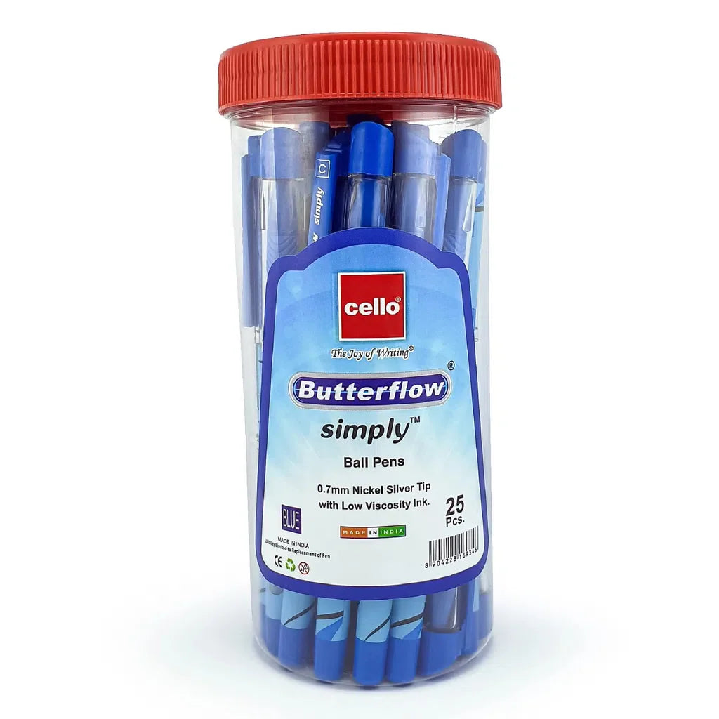 Cello Butterflow Simply Nickel Silver Tip With Low Viscosity Ink Ball Pen, 0.7 mm, Pack of 25, Blue, CE-BFLOW7-25JB
