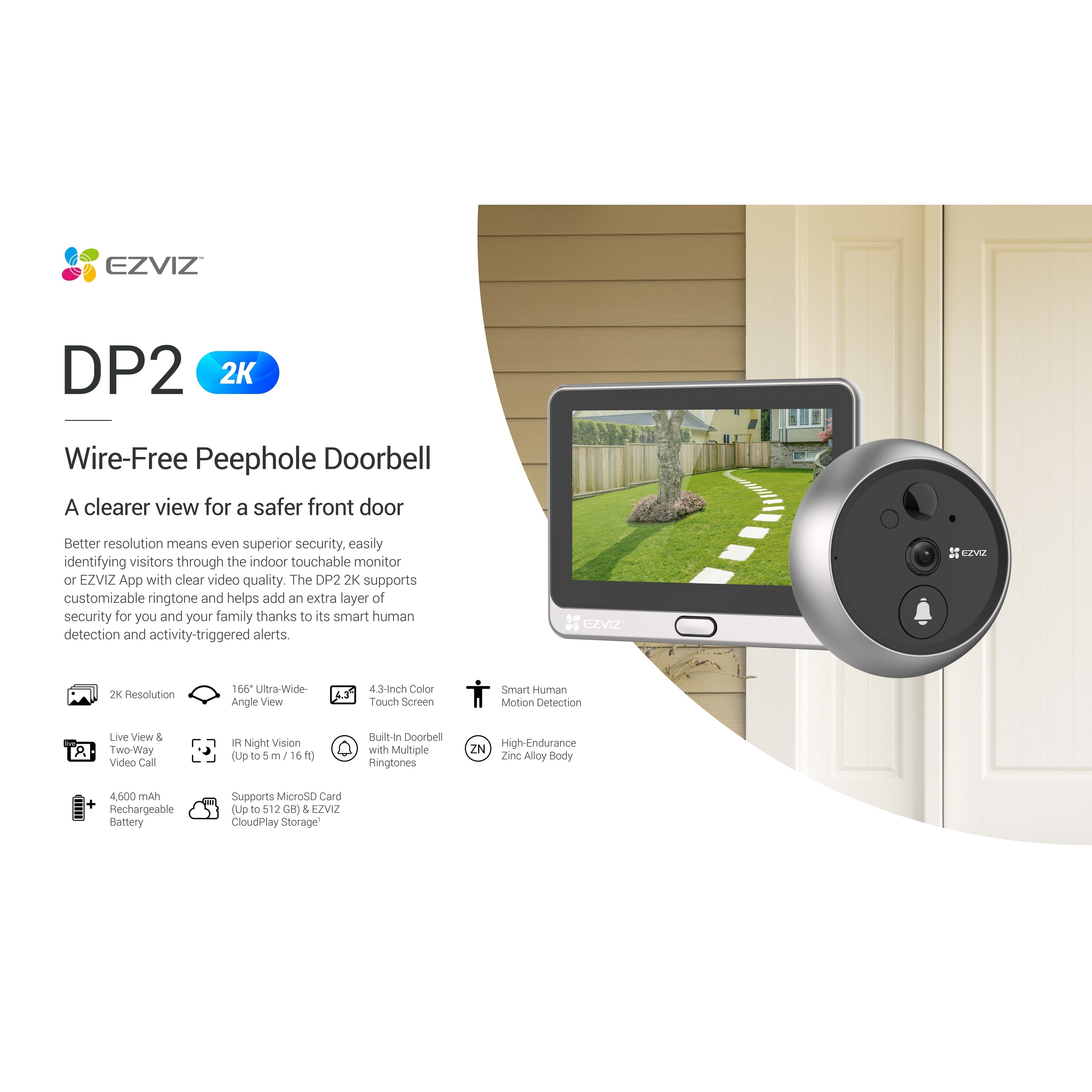 Ezviz DP2 2K Wire-Free Peephole Doorbell