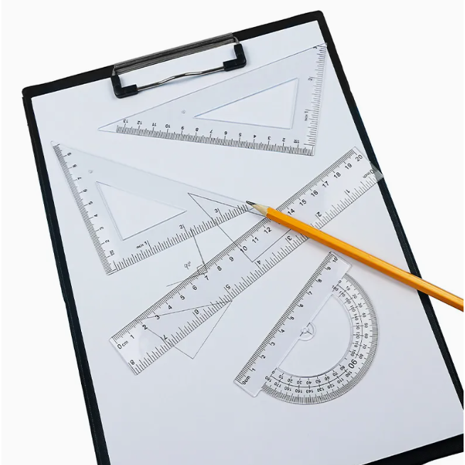 DRAFTING SET 4PCS RULER SET SQUARES PROTRACTOR 20CM TRANSPARENT