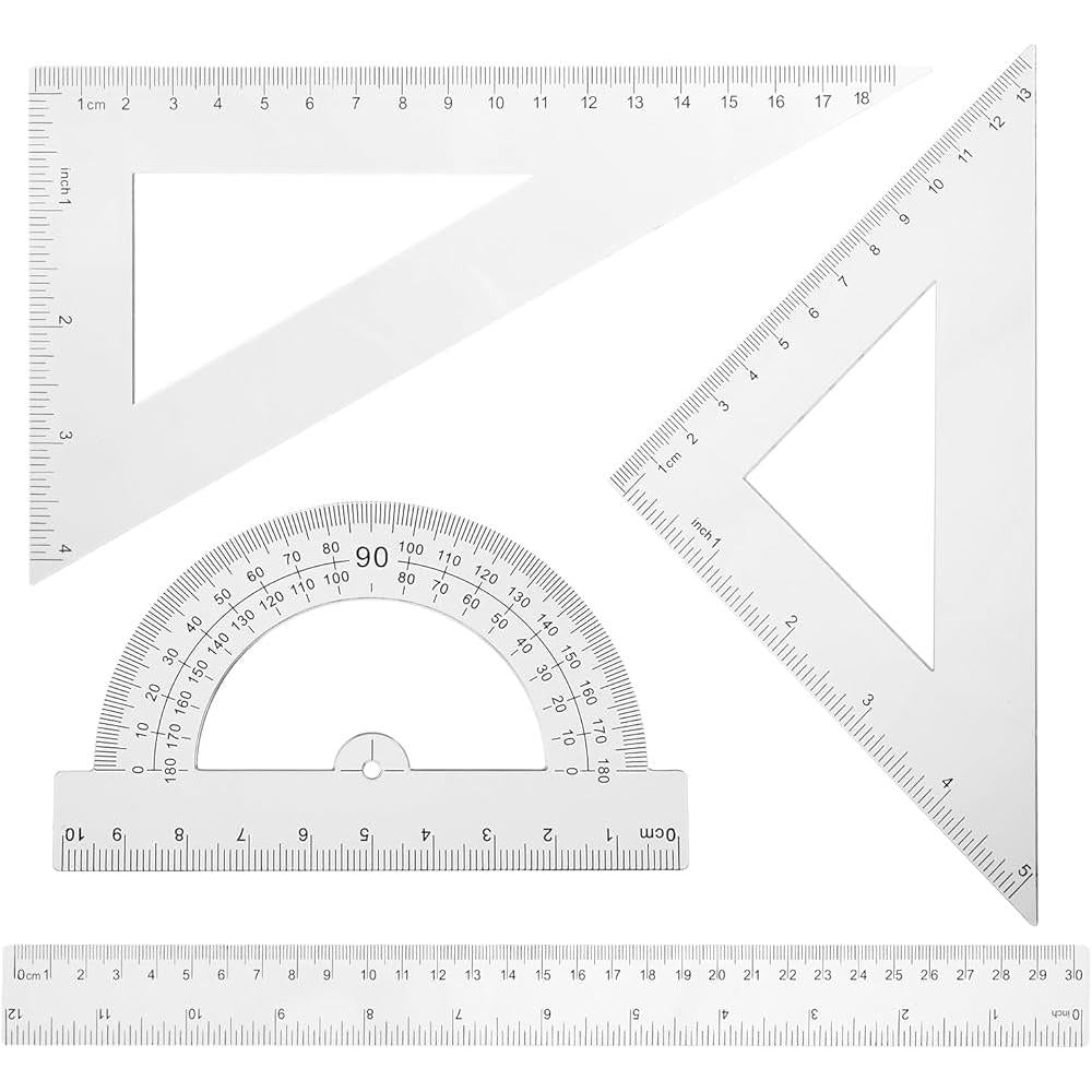 DRAFTING SET 4PCS RULER SET SQUARES PROTRACTOR 30CM TRANSPARENT