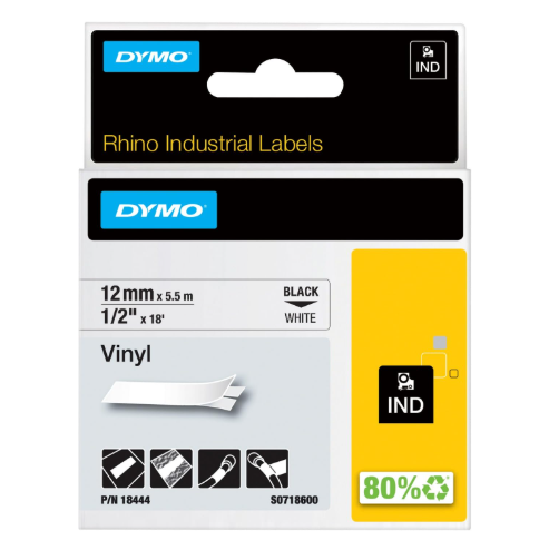 DYMO 18444 Rhino Permanent Vinyl Industrial Label Tape, 1/2-Inch x 18 ft, White/Black Print