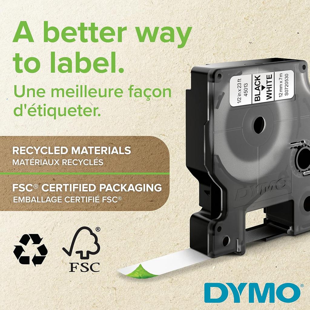 DYMO Authentic D1 Labels, 12mm x 7m Roll, Black Print on Blue Tape, Self-Adhesive Labels
