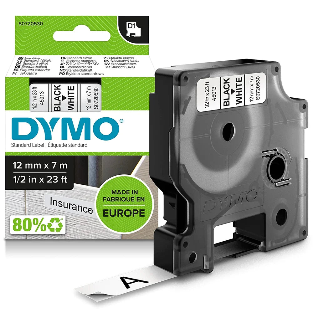 DYMO Authentic D1 Labels, 12mm x 7m Roll, Black Print on White Tape, Self-Adhesive Labels