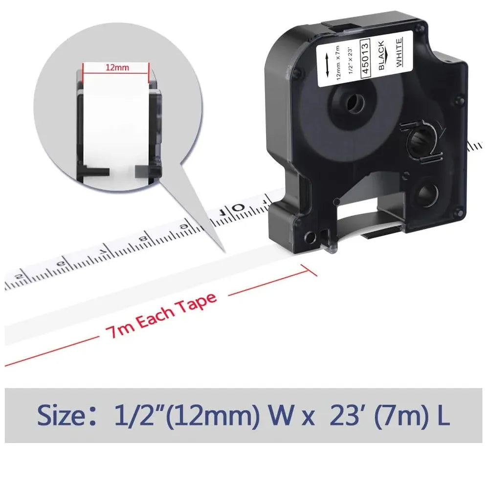 DYMO Authentic D1 Labels, 12mm x 7m Roll, Black Print on White Tape, Self-Adhesive Labels