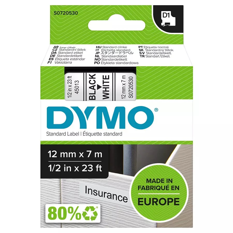DYMO Authentic D1 Labels, 12mm x 7m Roll, Black Print on White Tape, Self-Adhesive Labels