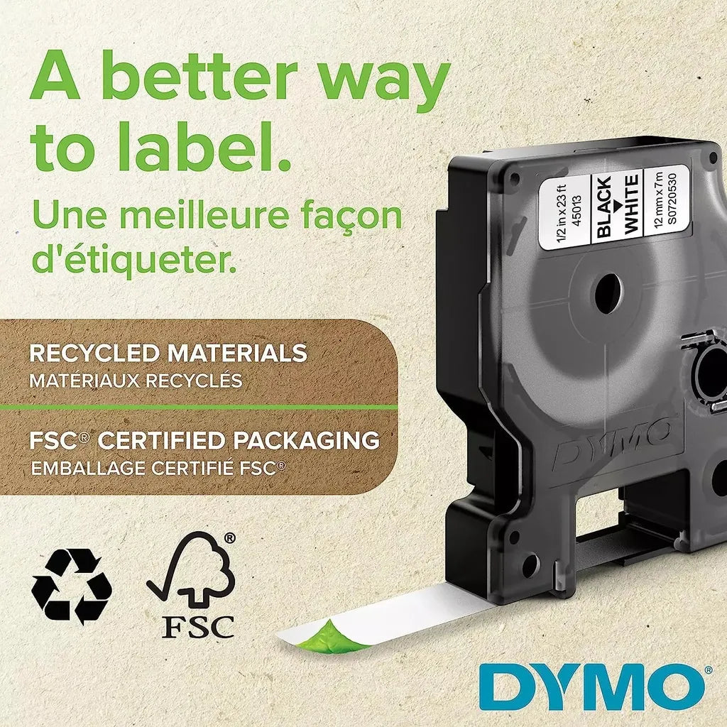 DYMO Authentic D1 Labels, 12mm x 7m Roll, White Print on Black Tape, Self-Adhesive Labels