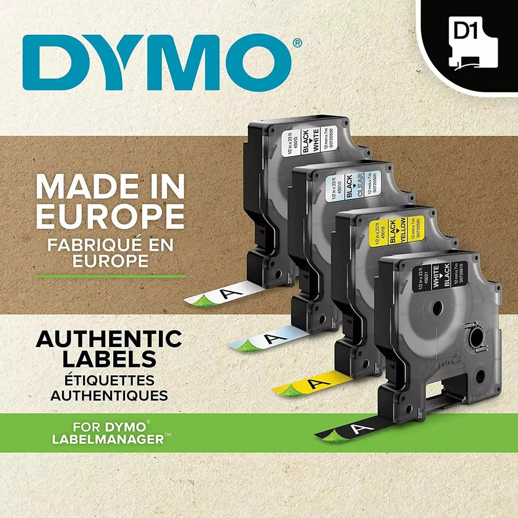 DYMO Authentic D1 Labels, 12mm x 7m Roll, White Print on Black Tape, Self-Adhesive Labels