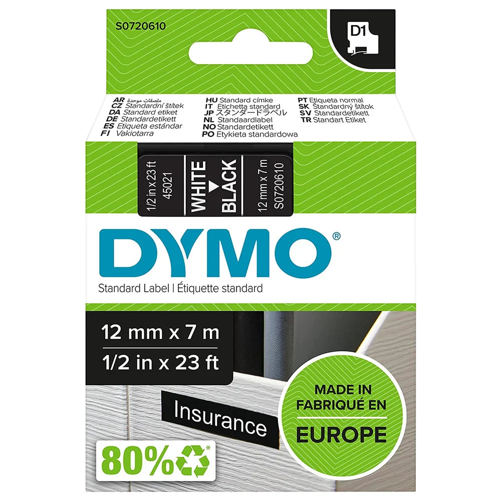 DYMO Authentic D1 Labels, 12mm x 7m Roll, White Print on Black Tape, Self-Adhesive Labels