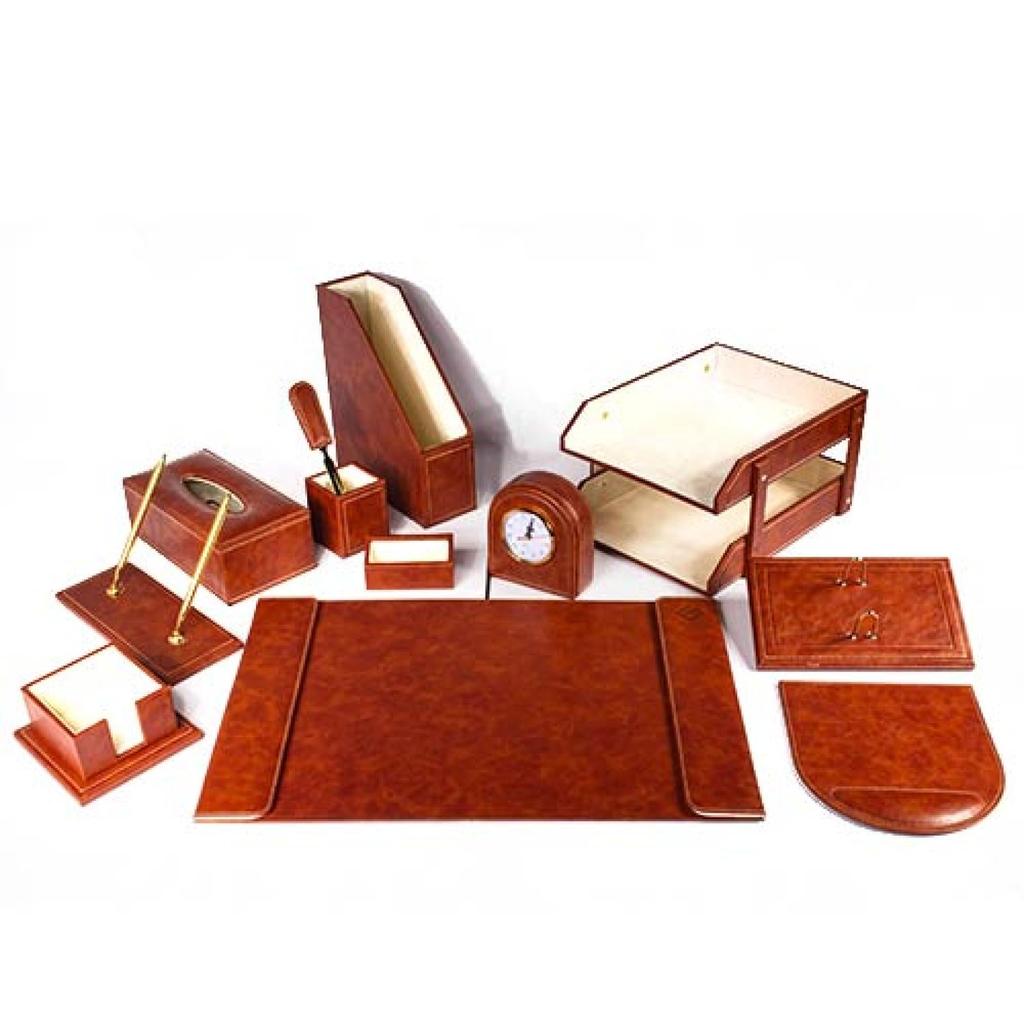 Deluxe Leather Desk Set 15 Pieces Brown Color