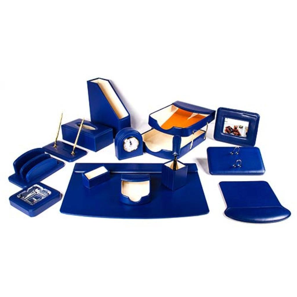 Deluxe Leather Desk Set 15 Pieces Dark Blue Color