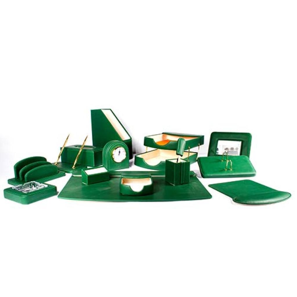 Deluxe Leather Desk Set 15 Pieces Dark Green Color