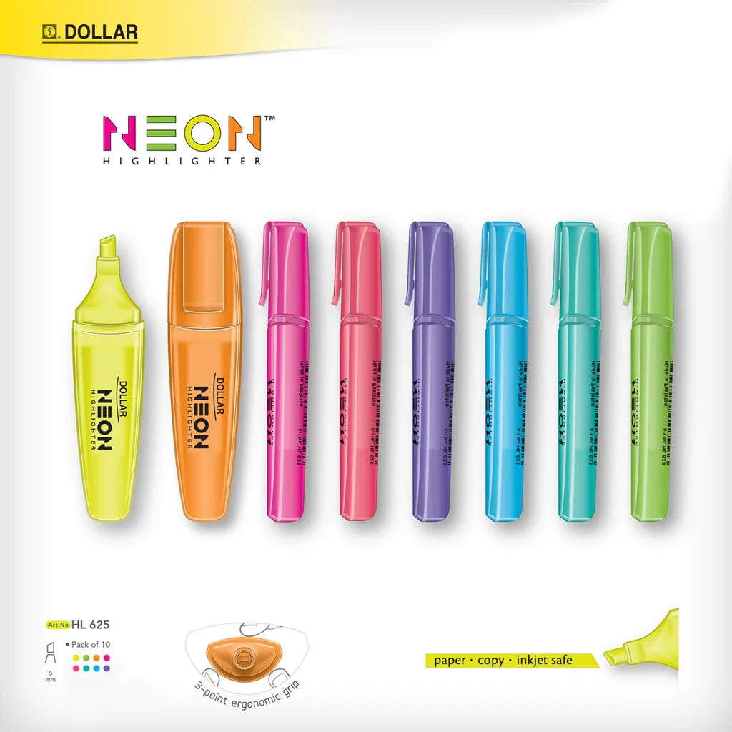 Dollar Neon Highlighter HL-625 Pack of 10's Single Color