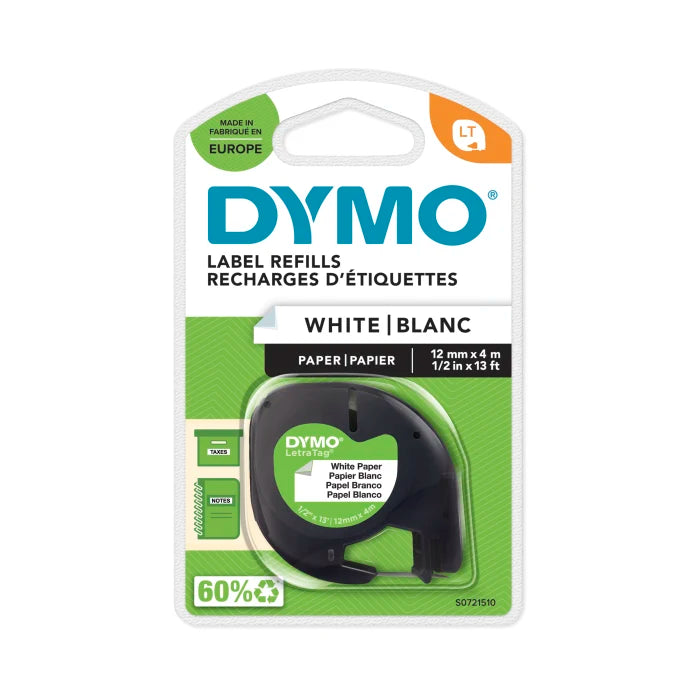 Dymo Black on White Label Printer Paper Tape 4 m Length 12 mm Width