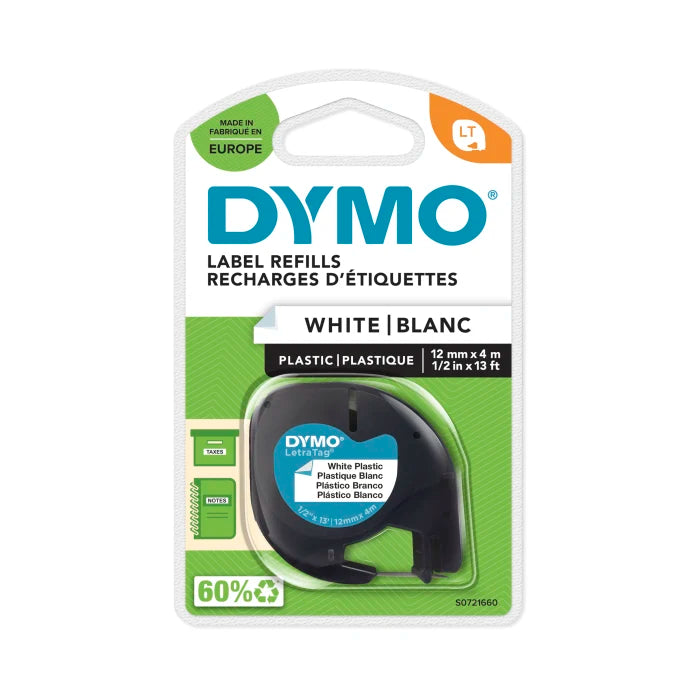 Dymo Black on White Label Printer Plastic Tape 4 m Length 12 mm Width