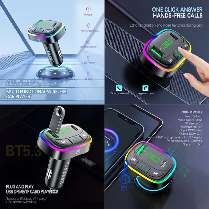 EarlDom Wireless Car MP3 Player with Dual USB + RGB Light