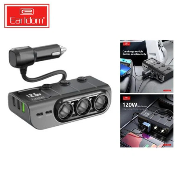Earldom 3 Cigarette Lighters, 2 Type C PD outputs with cord Black
