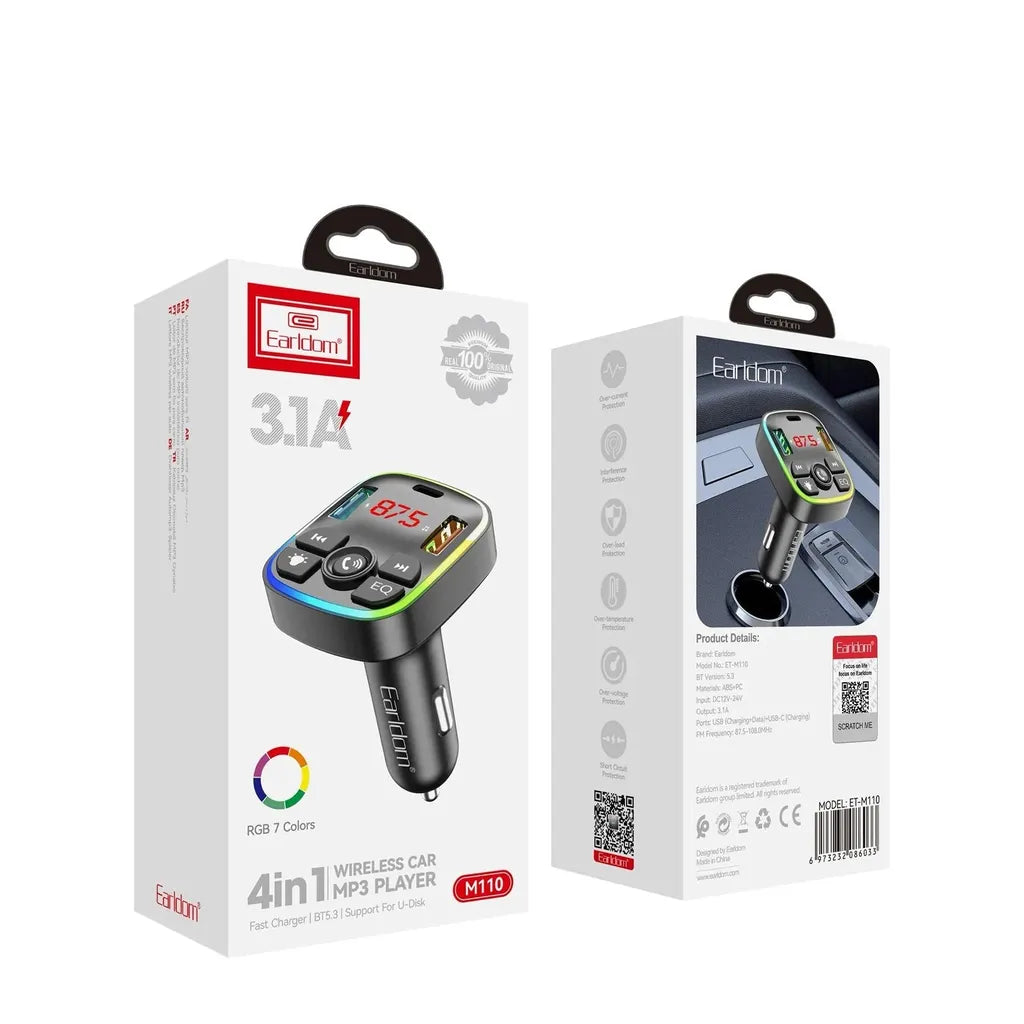 Earldom 4-in-1 Wireless Car MP3 Player with RGB Light & Dual USB