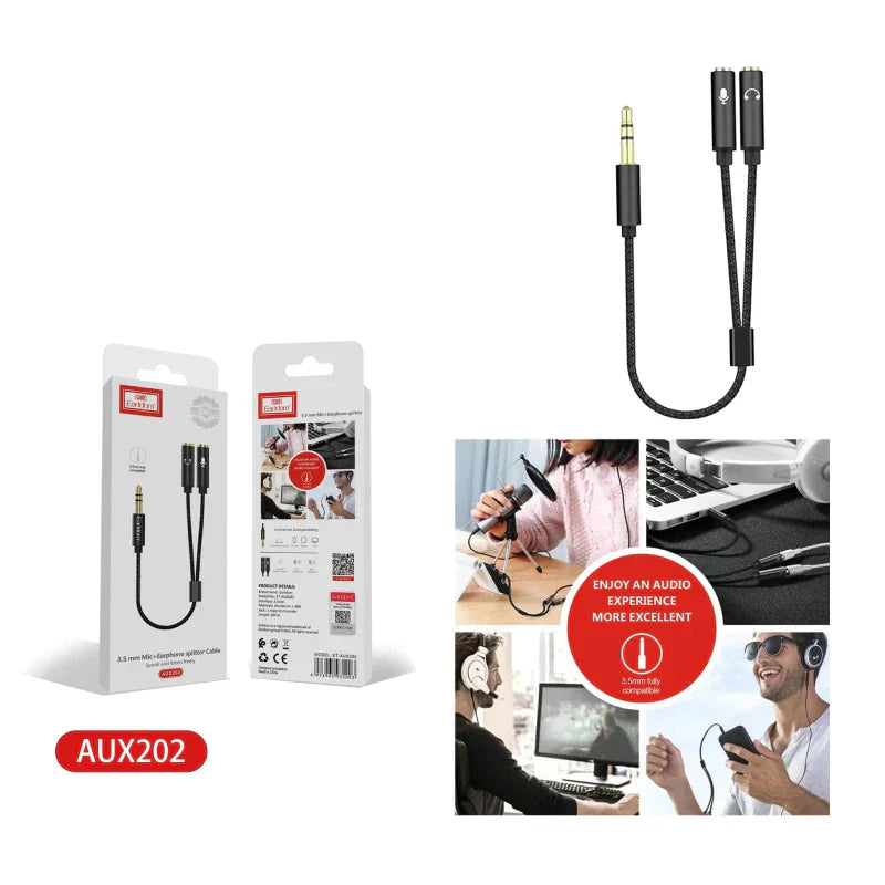 Earldom AUX202 Mic with Earphone Splitter Cable - Black