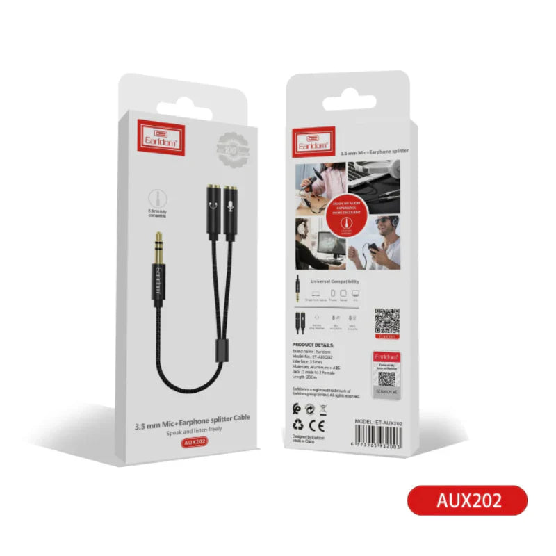 Earldom AUX202 Mic with Earphone Splitter Cable - Black