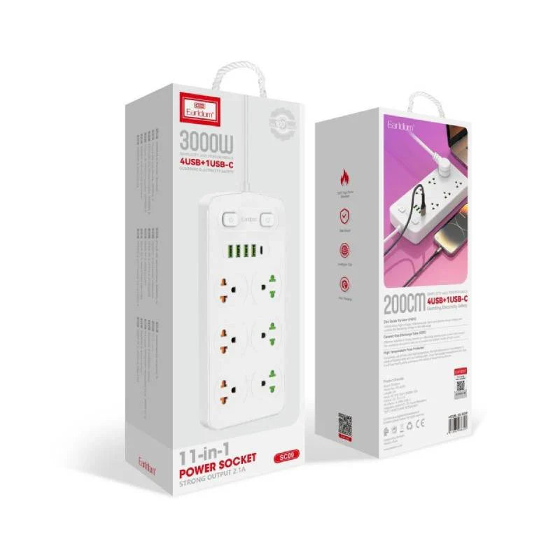 Earldom ES-SC09 11-in-1 Power Strip Extension - 6 Way / UK Plug / USB-A / USB-C / White