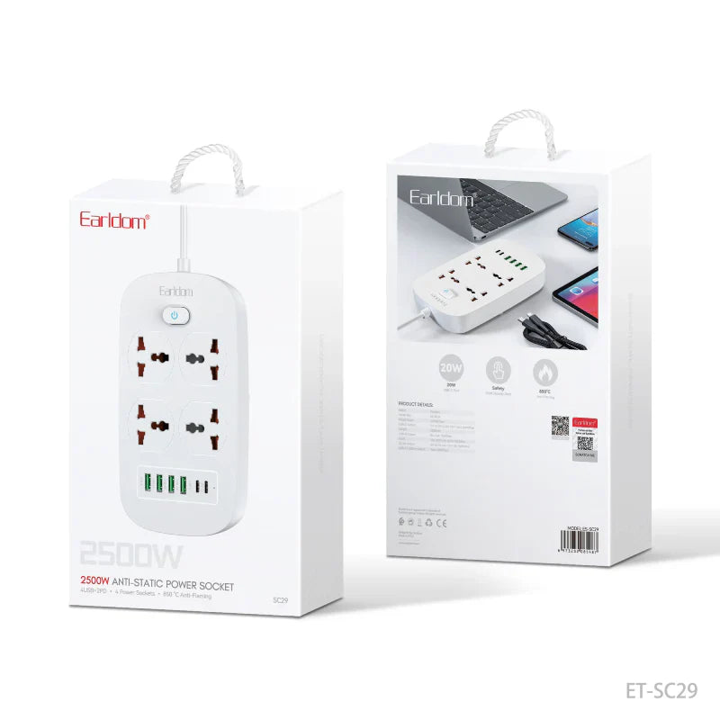 Earldom ET-SC29 Antistatic Power Socket - 4-Way / 2500W / USB-A / USB-C / White