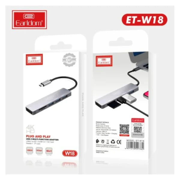 Earldom ET-W18 6 In 1 Type-C 4K HDMI Plug & Play Multifunctional Adapter HUB