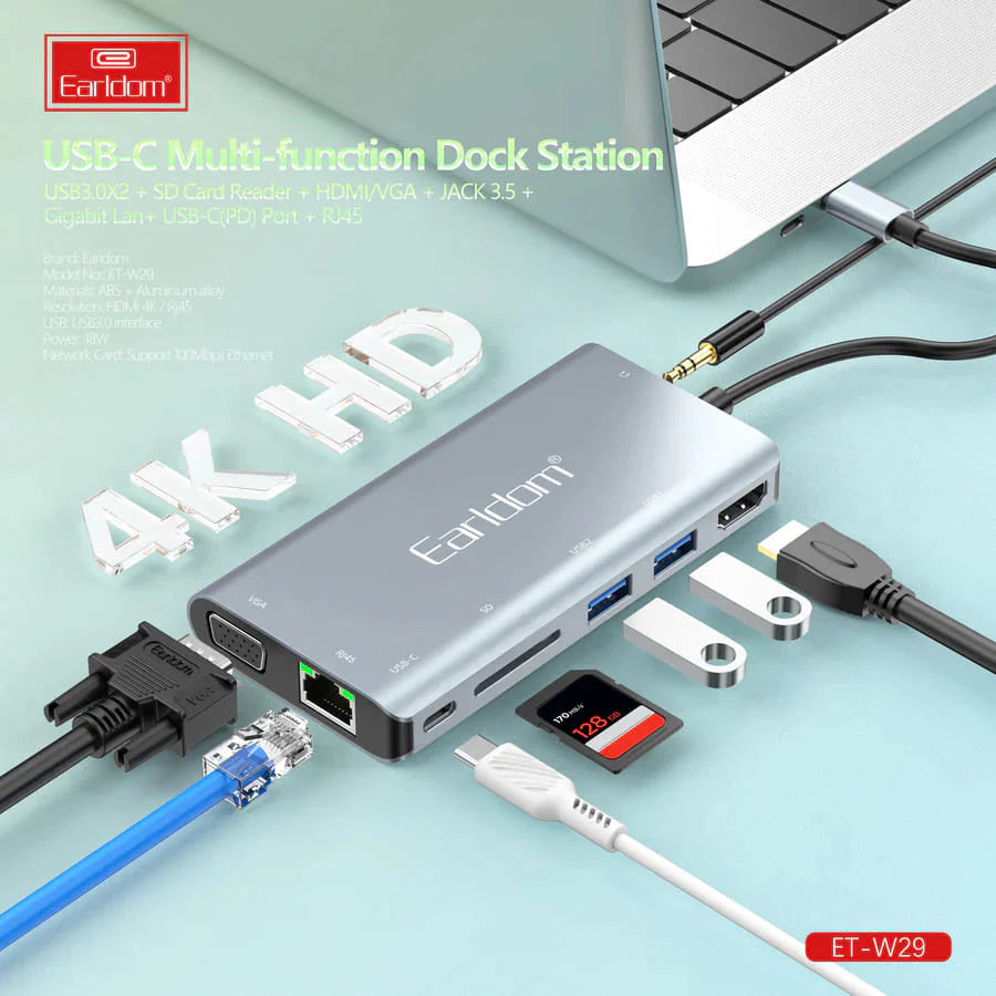 Earldom ET-W29 8-in-1 USB Hub - Multi-port USB Hub for Laptops & Devices