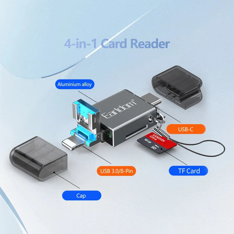 Earldom OT82 4-in-1 Mini Aluminium Card Reader - USB-A / Lightning / USB-C