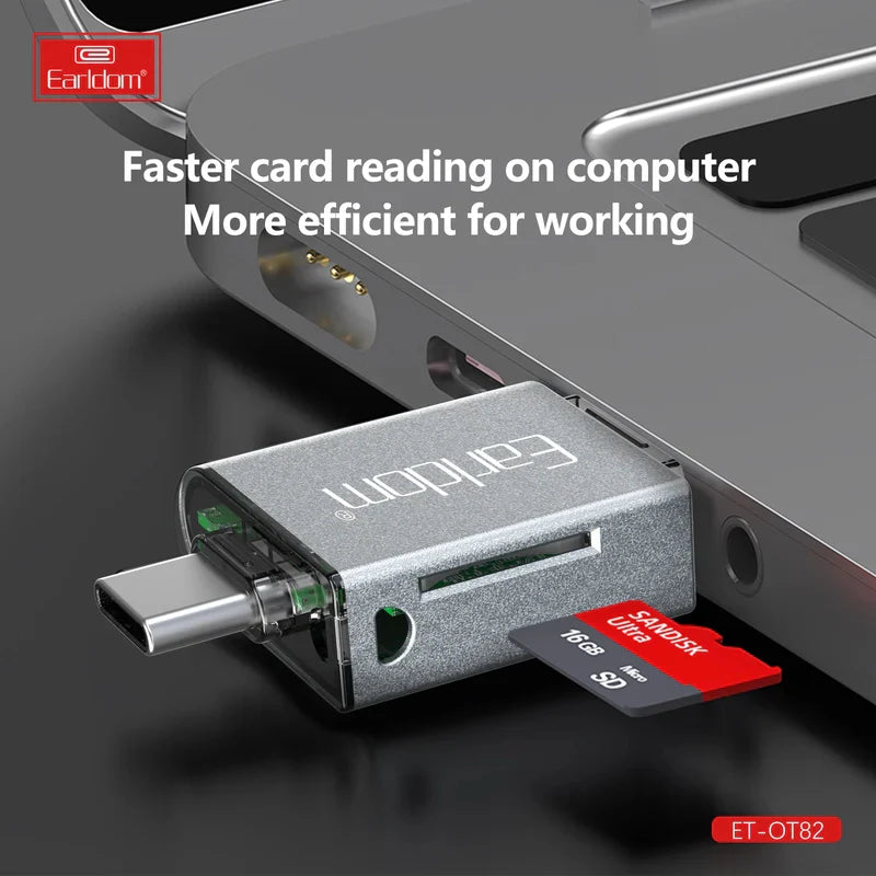 Earldom OT82 4-in-1 Mini Aluminium Card Reader - USB-A / Lightning / USB-C