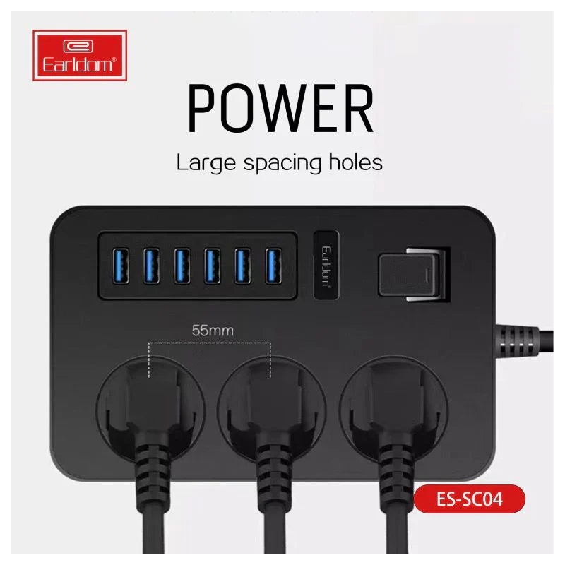 Earldom SC04 Power Strip Extension - 3 Way / USB / Black