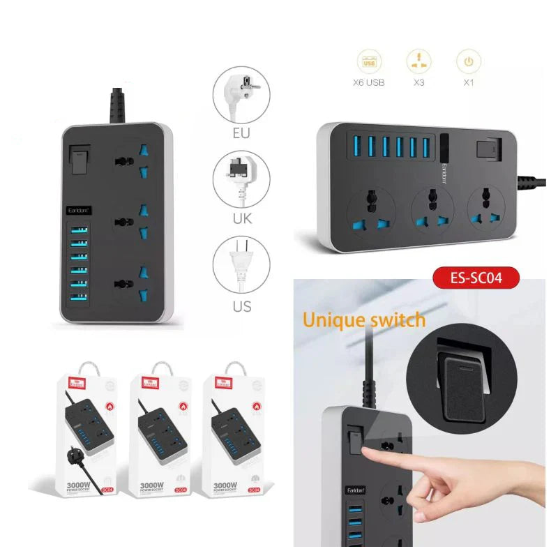 Earldom SC04 Power Strip Extension - 3 Way / USB / Black