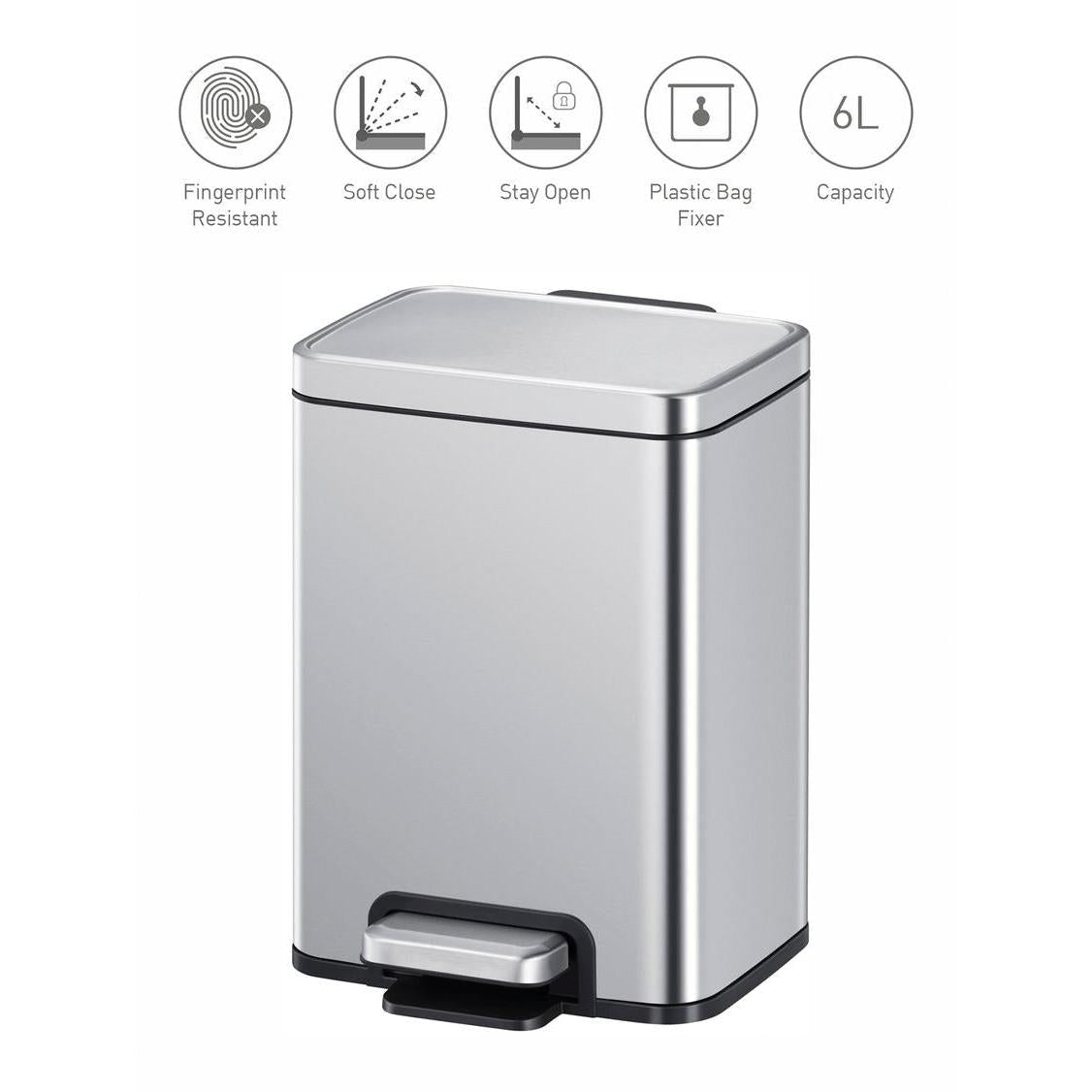 Eko 9361 Madison Stainless Steel Fingerprint Resistant Dustbin - 6 Liters
