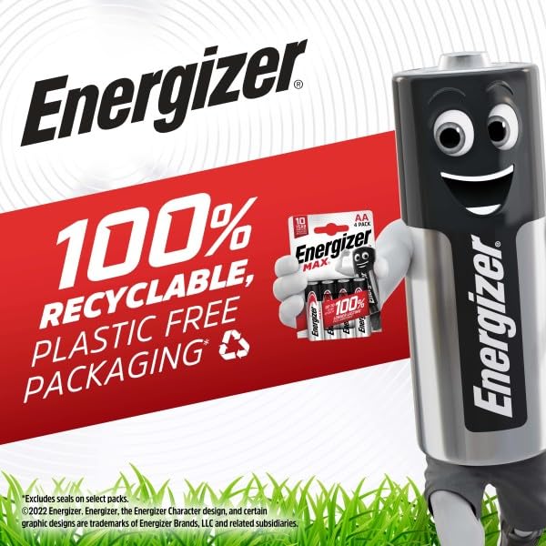 Energizer Max Alkaline E91 AA Batteries - Pack of 4, Long-Lasting Power, Leak-Proof Design, Ideal for Everyday Devices