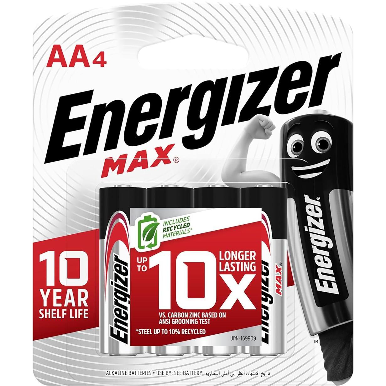 Energizer Max Alkaline E91 AA Batteries - Pack of 4, Long-Lasting Power, Leak-Proof Design, Ideal for Everyday Devices
