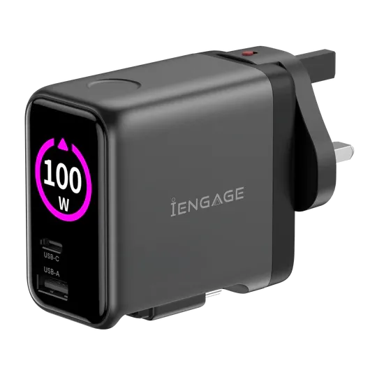 Engage 100W AI PD Charger( USB-C+USB-C Cable+ USB- A) W/Interchangeable UK/EU Plug