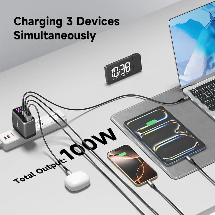 Engage 100W TFT PD Charger (Triple USB-C + USB -A) W/Interchangeable UK/EU Plug