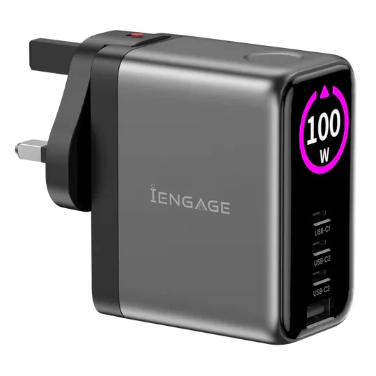 Engage 100W TFT PD Charger (Triple USB-C + USB -A) W/Interchangeable UK/EU Plug