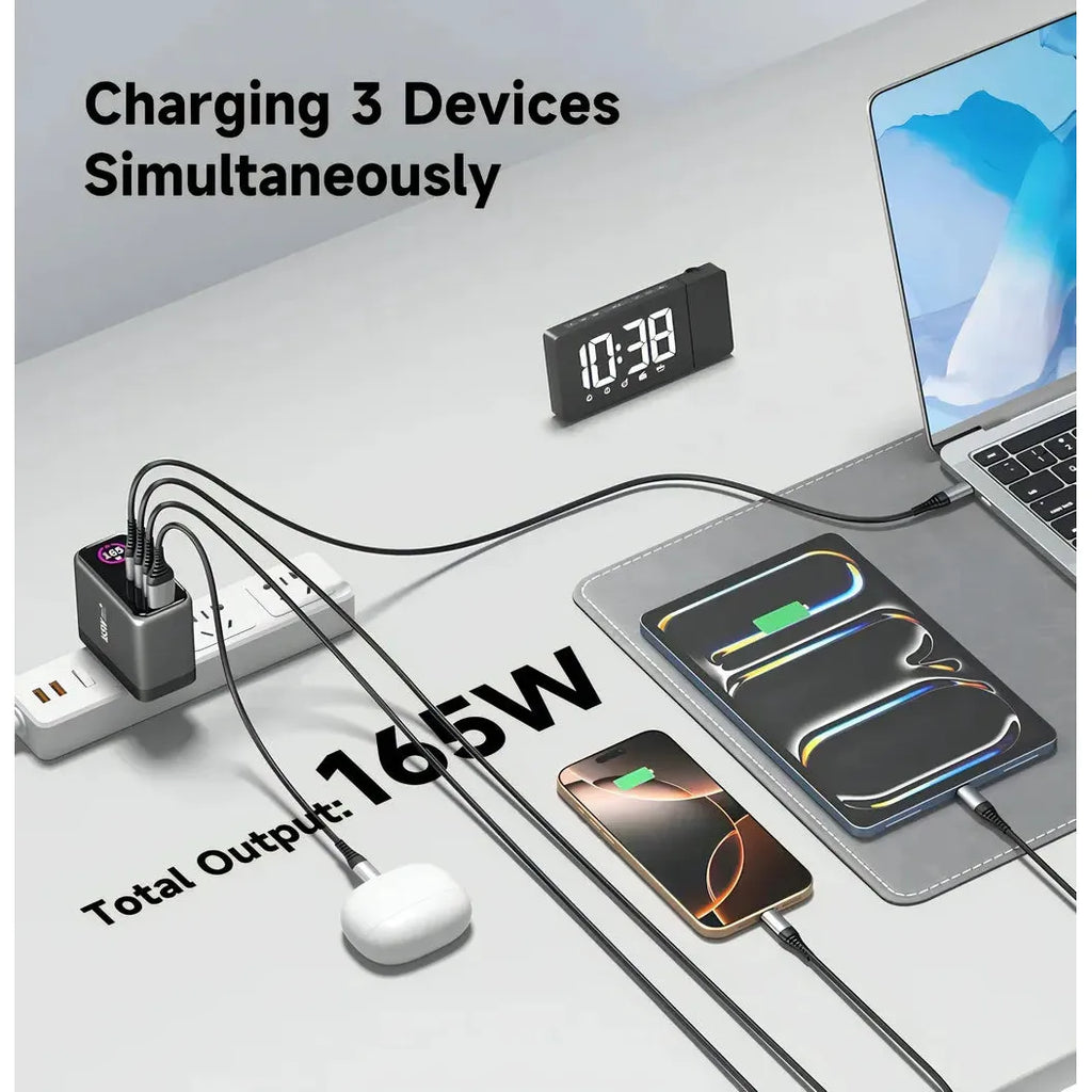 Engage 165W TFT PD Charger (Triple USB -C + USB-A) W/ Interchangeable UK/EU Plug