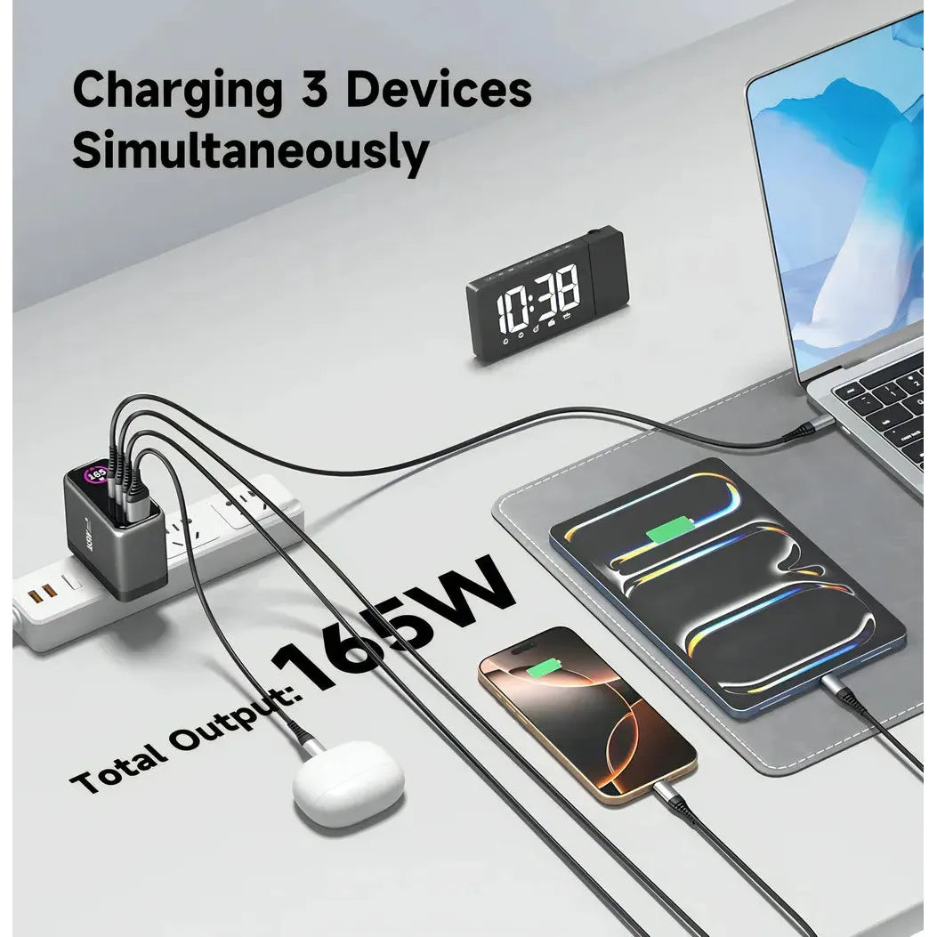 Engage 165W TFT PD Charger (Triple USB -C + USB-A) W/ Interchangeable UK/EU Plug