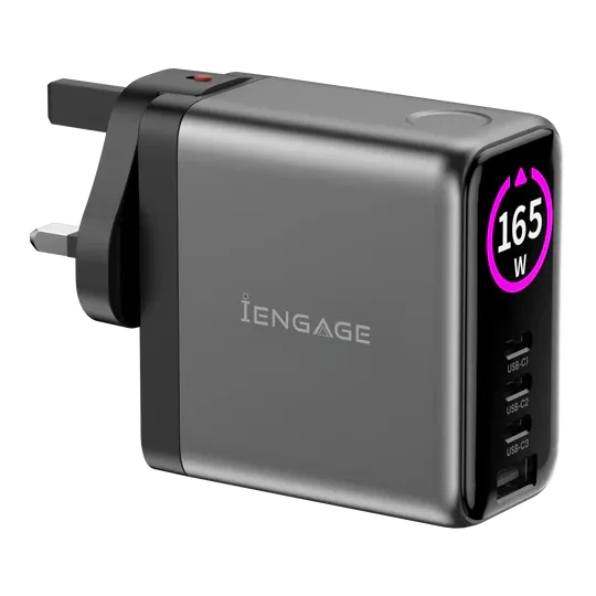 Engage 165W TFT PD Charger (Triple USB -C + USB-A) W/ Interchangeable UK/EU Plug