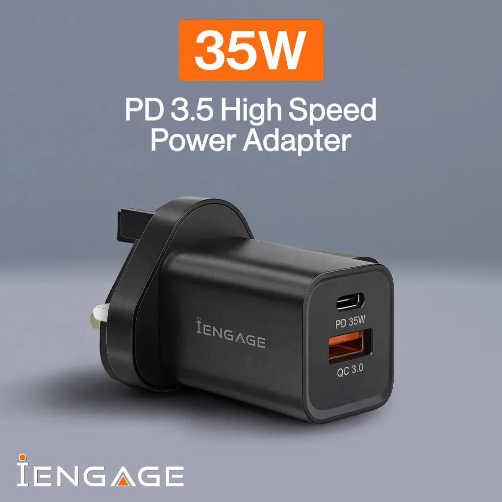 Engage Dualport (USB-C +USB -A) 35W Power Adapter UK Plug Black