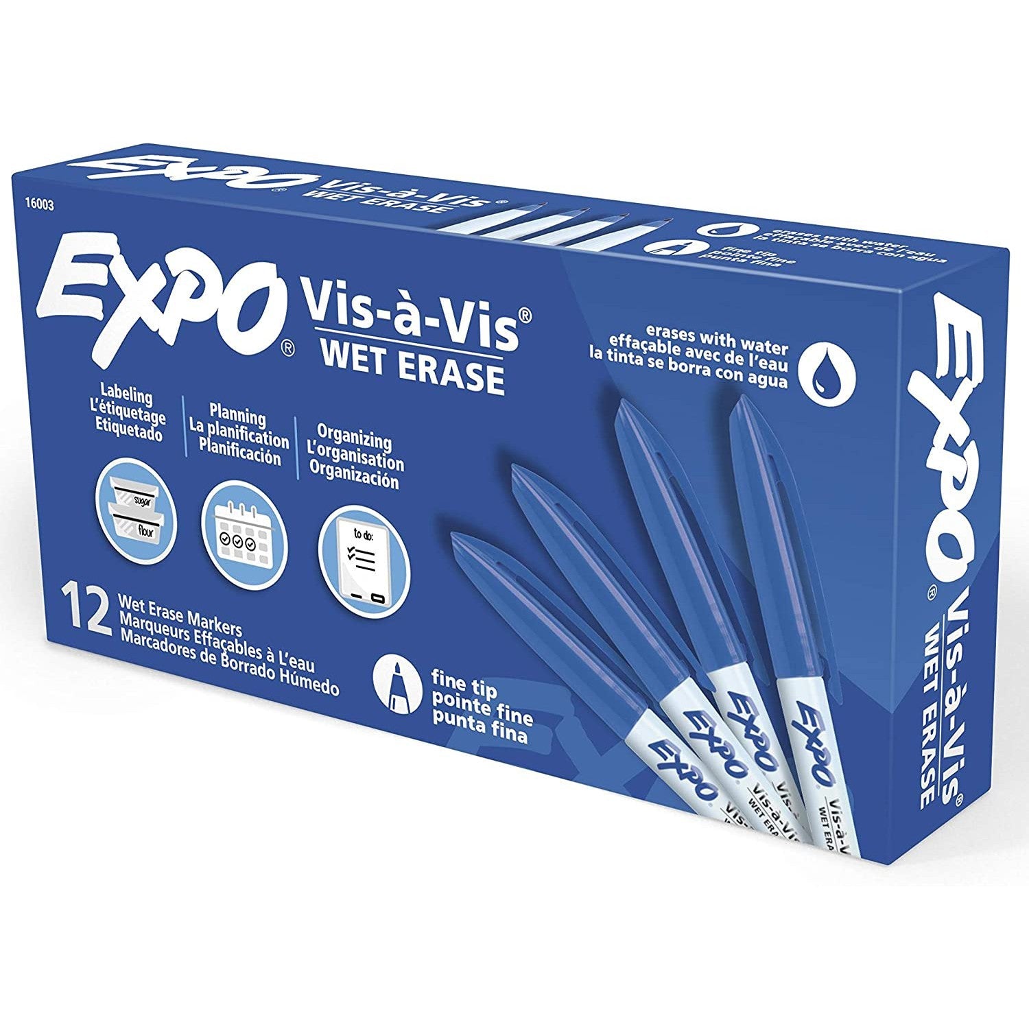 Expo Vis-A-Vis Wet Erase Markers, Fine Point, Blue, 12 Count