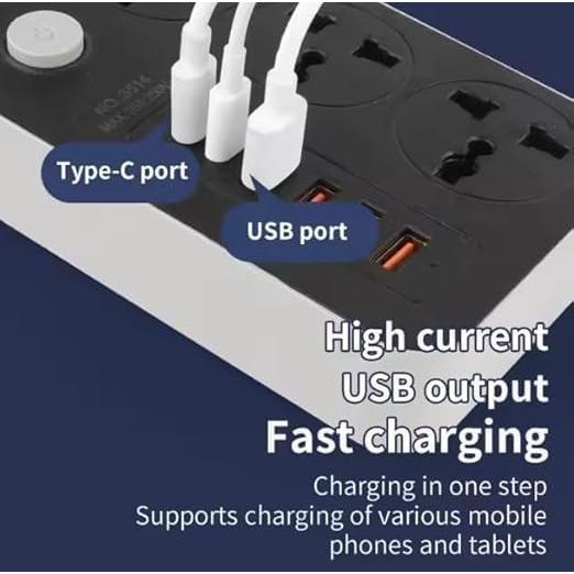 Extension Board Power Socket with 4 USB Ports, 2 Type C and 3 Universal Socket 3000W 5 Meter Long